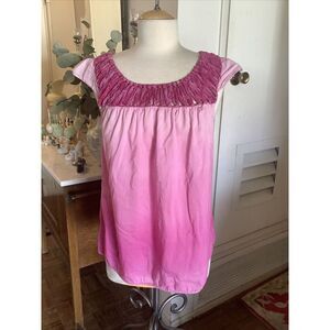 Luck Brand Woman's Shirt Size Large Pink Ombré with organza macramé neckline